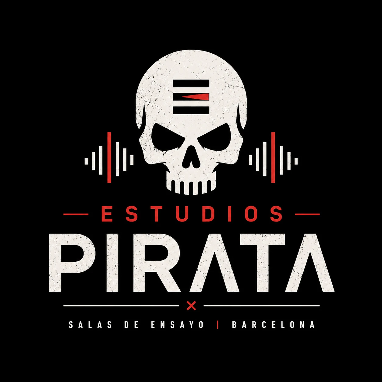 Logo de Estudios Pirata: calavera y ondas de sonido, salas de ensayo en Barcelona
